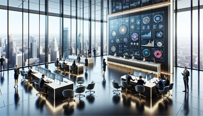 Modern bank lobby with digital screens showing debt consolidation loans, advisors assisting clients, city skyline view.