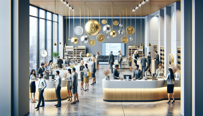 Modern Chase Bank interior with diverse customers and clear loan option signage.