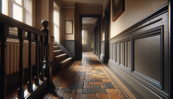 Quarry tiles in an Edwardian hallway, showcasing matte, earthy texture and durability, with a warm, cozy atmosphere.
