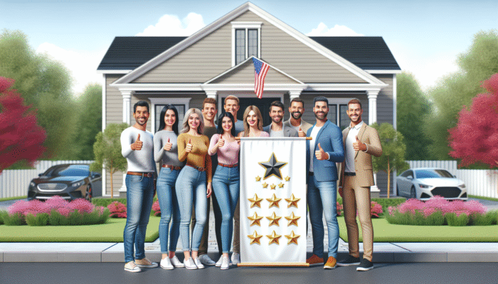 Smiling homeowners giving thumbs-up in front of house, banner with top-rated home service logo and reviews.