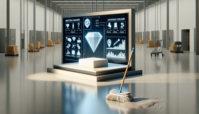 Industrial diamonds and low-moisture scrubbers gently treating stone, creating lasting shine, contrasted with supermarket mop.