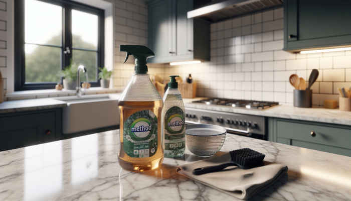 UK kitchen with sparkling travertine countertops, eco-friendly cleaners like Method, Ecozone, and mild dish soap with warm water.
