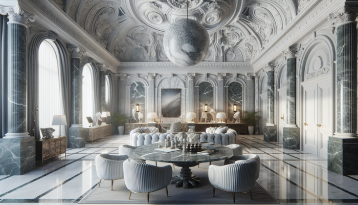 Luxurious interior with Carrara, Statuario, and green marbles from Wales and Scotland, showcasing elegance and versatility.