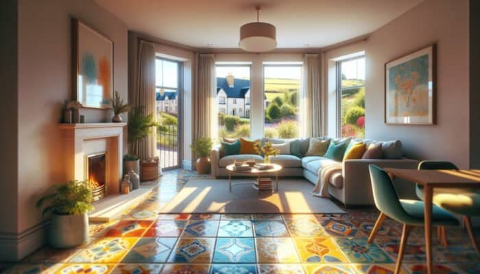 Ceramic Tile Floor Deep Cleaning Guide for Stirling Residents: Cozy living room with vibrant, clean ceramic tile floors in Stirling, enhancing warmth and space.