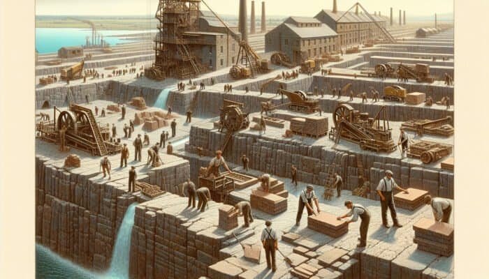 Industrial-era quarry in South Lanarkshire with workers processing diverse flagstone slabs, symbolizing increased accessibility and popularity.
