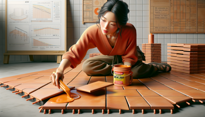 Close-up of terracotta tile installation and sealing on a clean, level subfloor.