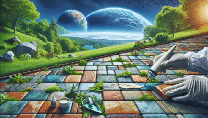 Eco-friendly Sealants: Eco-friendly sealant on stone tiles amidst greenery and clear skies, symbolising minimal environmental impact.