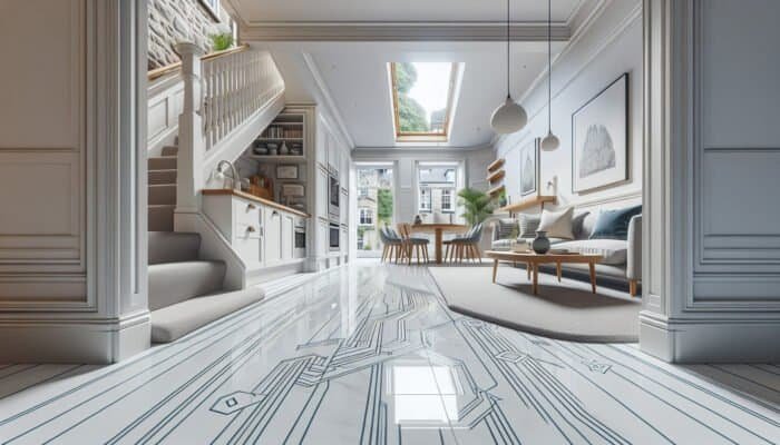 Porcelain vs Natural Stone Flooring: Pristine porcelain floor in Edinburgh home, durable against high traffic, no scratches, dents, or stains.