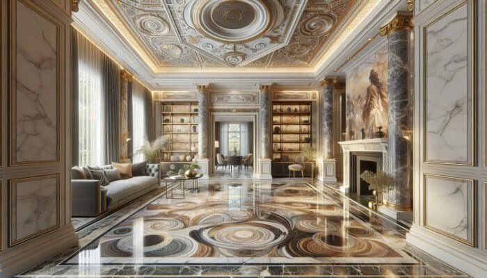 Marble Flooring: Elegant marble flooring in a luxurious Midlothian home, enhancing sophistication with diverse colors and natural veining.
