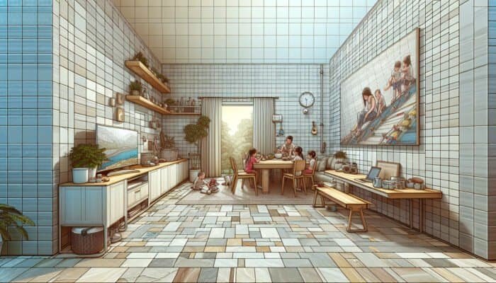 Ceramic tiles in a busy family home, durable and resistant to scratches, stains, and moisture.