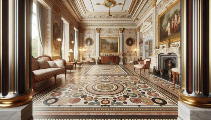 Victorian-era room in Edinburgh with intricate terrazzo flooring, opulent decor, and detailed craftsmanship.