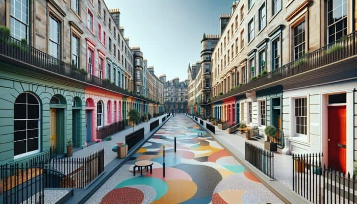 Edinburgh street with terrazzo flooring, blending Georgian and modern architecture, showcasing colorful and customizable design.