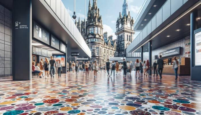 A vibrant terrazzo floor in Edinburgh's city centre, showcasing colorful, durable retro pattern.