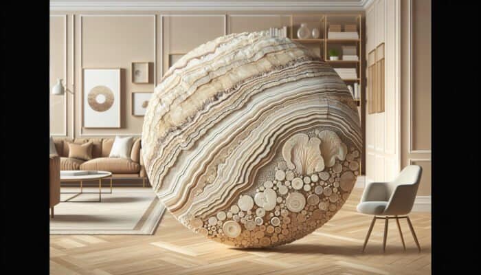 Cleaning Stained Limestone Floors: Cross-section of limestone with sedimentary layers and marine fossils, on warm home interior with limestone flooring.