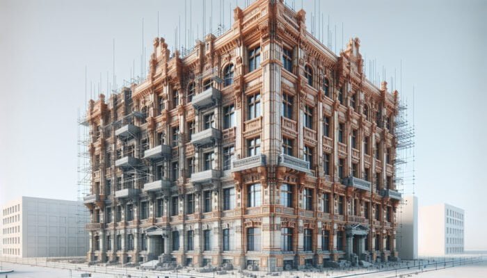 Facade of a historic building featuring reinforced terracotta, modern mortar, and backer rods, showcasing enhanced structural integrity.