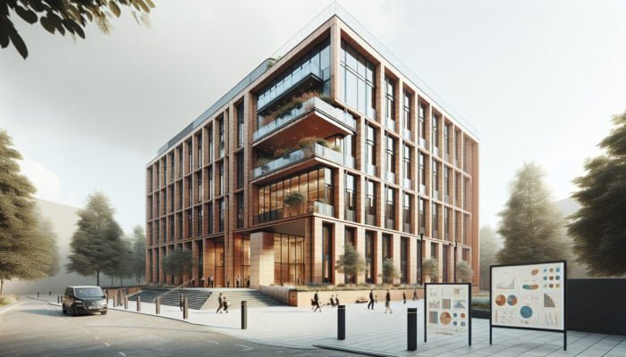 Modern UK building adorned with terracotta cladding and tiles, harmoniously blending contemporary and traditional styles.