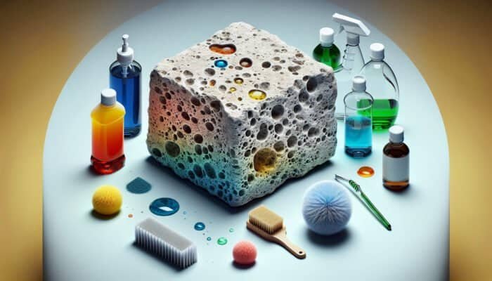 Cleaning Travertine Tile Floors: Close-up of travertine stone absorbing colourful liquids, showing pores and cleaning tools.