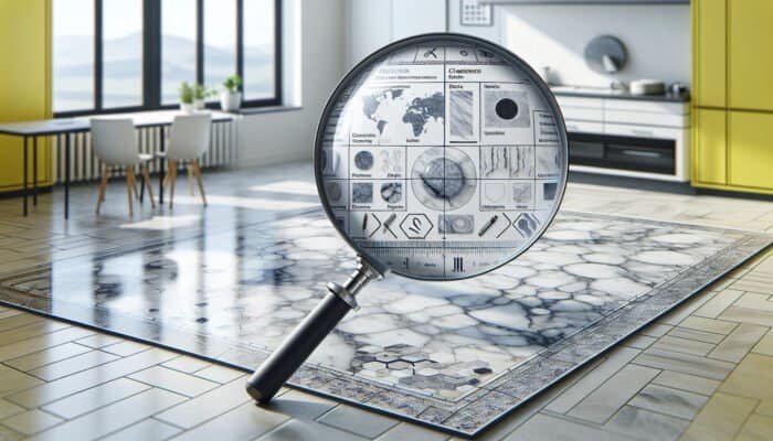 A UK home's marble floor displaying visible cracks, stains, and wear, magnified for clarity.