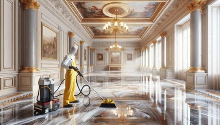 A professional cleaning expert polishing a dull marble floor to restore its shine and enhance its colours in an elegant room.