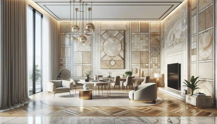 Interior of a UK home featuring classic beige, ivory, and walnut travertine tiles that blend elegance with contemporary style.
