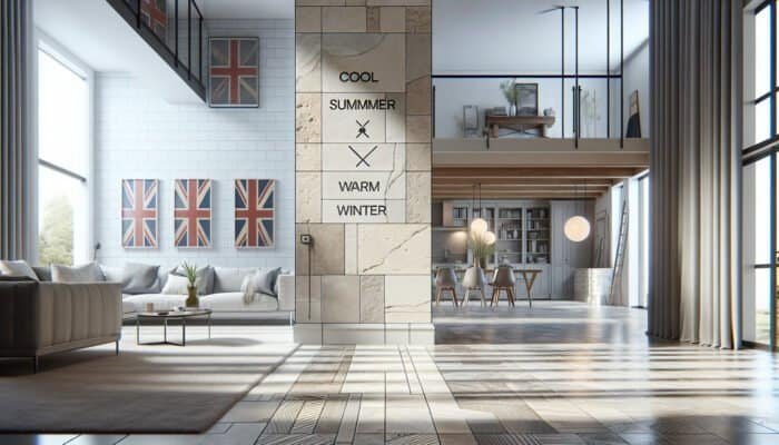 Luxurious UK home interior showcasing durable travertine tiles that offer thermal comfort and timeless elegance.