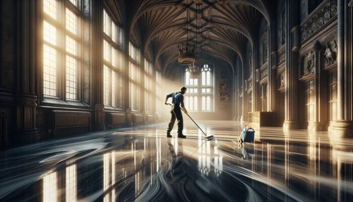 Cleaning Marble Floors Without Streaks in the Borders of Scotland: A person cleaning glossy marble floors in a Scottish Borders castle, ensuring no streaks, with sunlight streaming through windows.