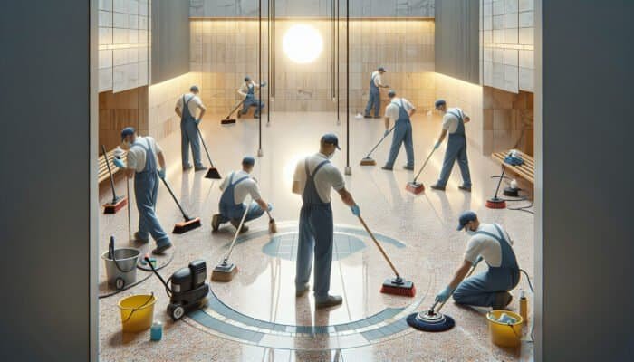 A detailed scene of terrazzo tile cleaning stages, from sweeping to polishing, in a modern, well-lit interior.