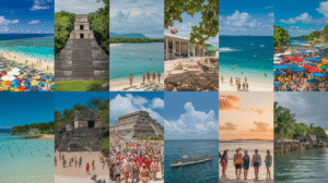 A collage of twelve photos showcases crowded beaches, ancient stone ruins, blue ocean water, tourists relaxing, boats, and coastal buildings under bright blue skies—ideal visuals for any Belize Travel Guide or tips on the Best Time to Visit Belize.