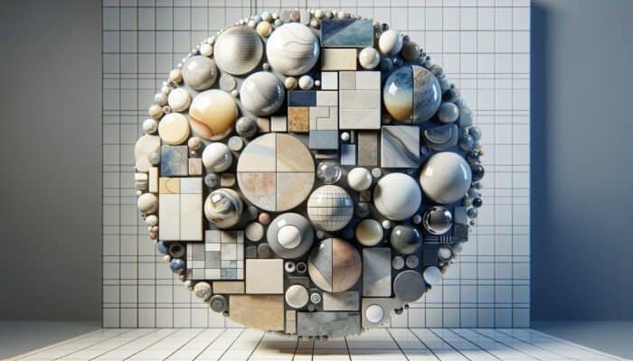A diverse range of porcelain tiles including glazed, glossy, water-resistant, unglazed, natural texture, polished, and smooth reflective finishes in a high-traffic area.