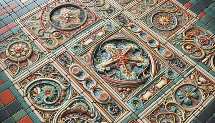 Intricate Victorian tiles in a 19th-century UK home, showcasing vibrant hues and artistic designs on durable clay.