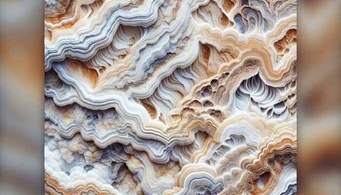 Close-up of travertine stone showcasing its sedimentary texture, calcium carbonate composition, natural voids, and earthy beige to brown tones.
