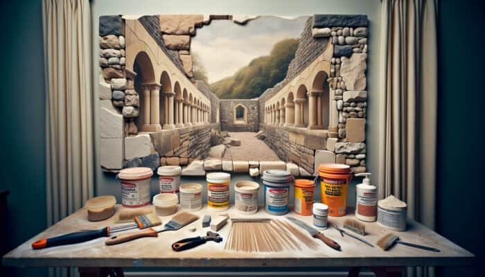 Premium travertine hole repair fillers displayed on a UK workbench, featuring various types and textures, with a partially repaired wall in the background.