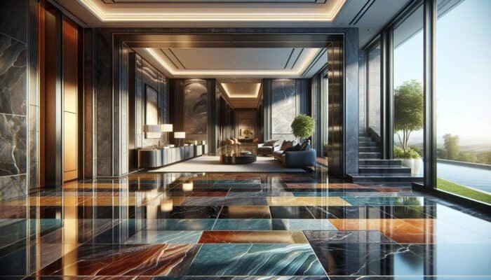 Elegant interior with glossy polished slate floors in various colours, enhancing a sophisticated home in Barnes Cray.