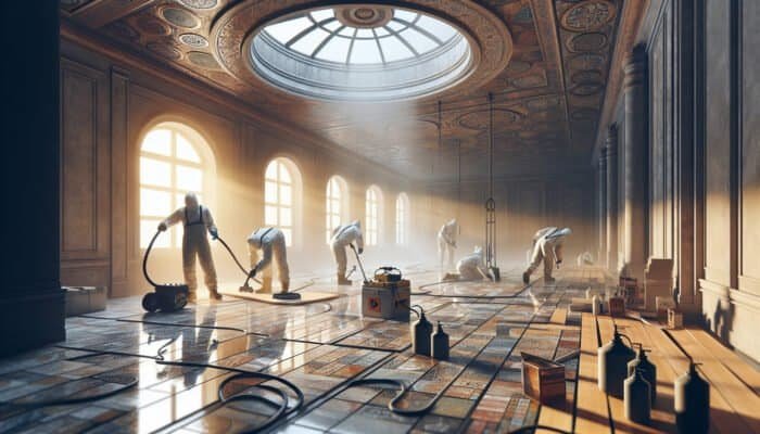 A well-ventilated room with workers installing polished slate floors, ensuring healthy air quality.