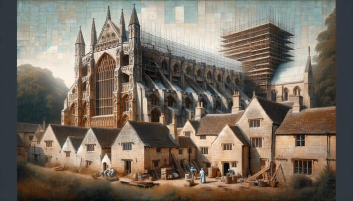 Limestone Restoration Services in Trinity, Edinburgh: Detailed view of Westminster Abbey and Cotswold cottages, showing textured limestone facades and restorers at work.