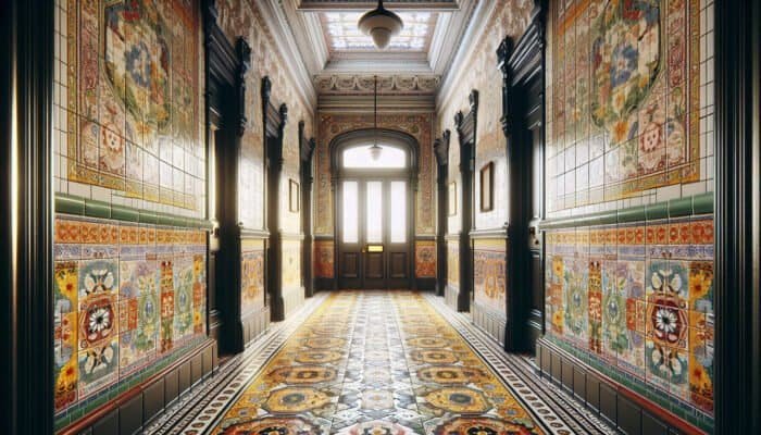 Victorian hallway showcasing vibrant, intricate encaustic tile patterns, reflecting 19th-century British craftsmanship.