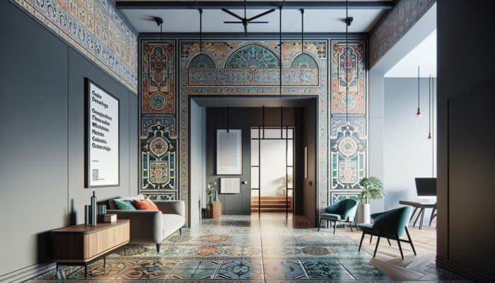 A contemporary living space featuring a Victorian tiled hallway, blending historical and modern design elements.