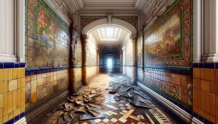 Victorian tiled hallway restoration, showcasing a deep cleaning process with specialized solutions that reveal original colours and patterns.
