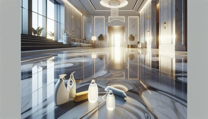 Luxurious marble floor in Cottenham Park home, gleaming, with cleaning tools, emphasising maintenance importance.
