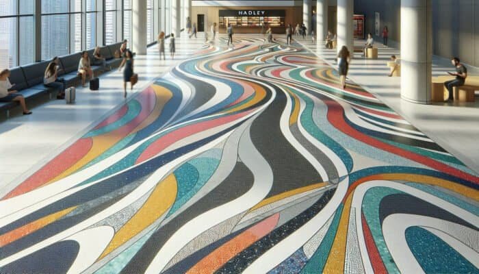 A vibrant terrazzo floor in Hadley with colorful marble and glass chips, blending durability and design.
