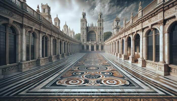 Restored marble floor in Morden Park, UK, showcasing intricate designs, with the British Museum and Westminster Abbey in the background.