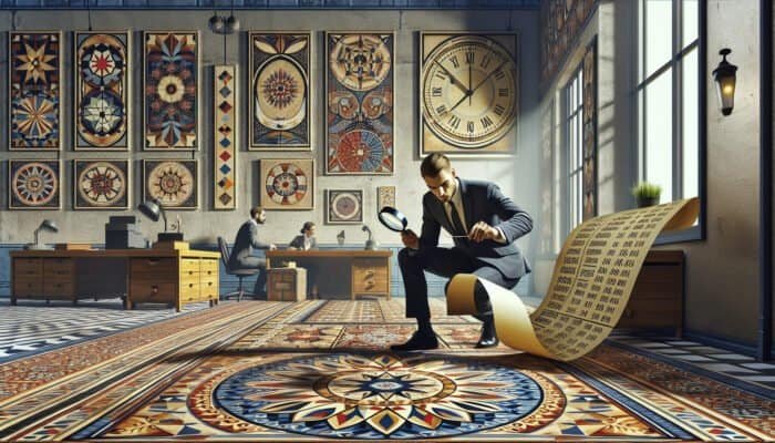 Individual using a magnifying glass to examine a contract, surrounded by intricate tiles and a clock, in a busy office with fee charts.