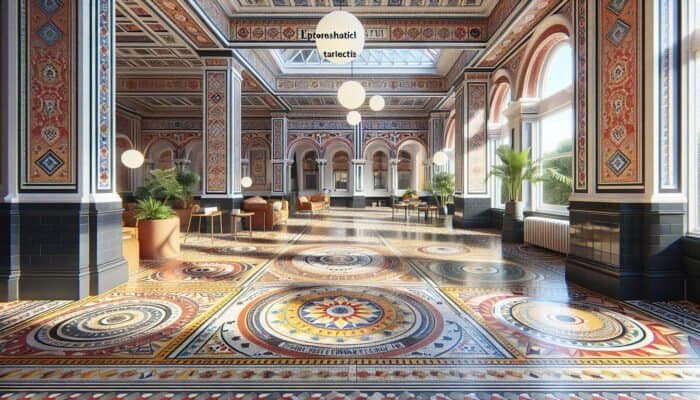 A vibrant terrazzo floor in a modern UK building, blending Victorian and contemporary designs.