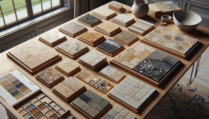Limestone flooring samples on a wooden table, showing Cotswold, Yorkshire, and Jurassic varieties.