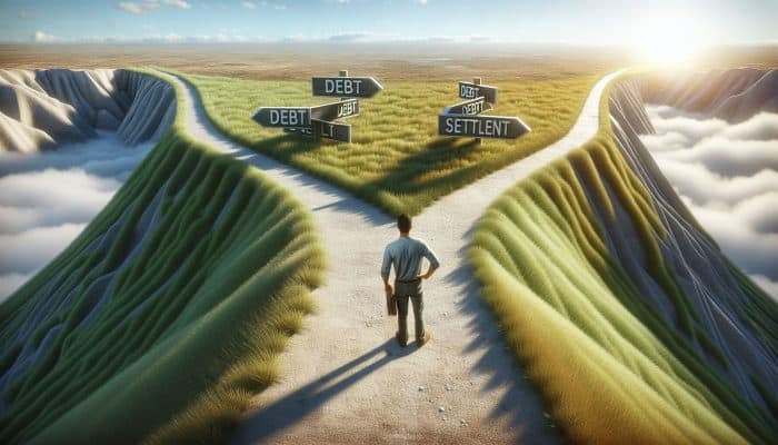 Debt Consolidation Loans vs Debt Settlement: A Guide | DCL A person at a crossroads choosing between "Full Debt Repayment" and "Debt Settlement," with a sunny path ahead representing financial freedom.