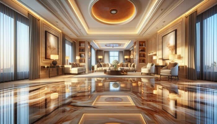 Polished travertine floors in a luxurious living room, showcasing rich colors and intricate textures.