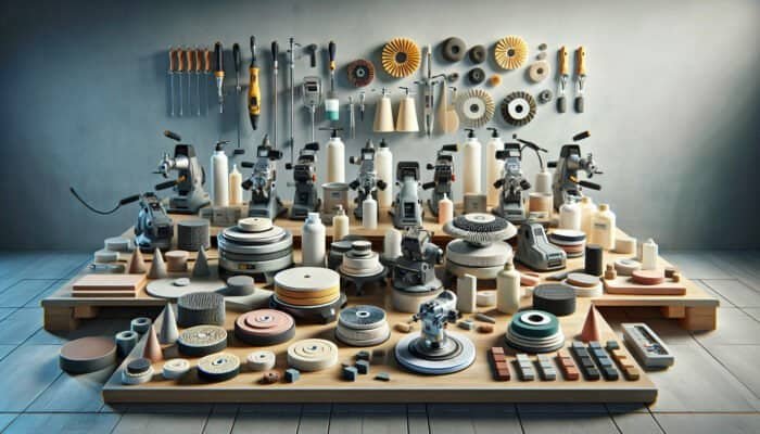 A workbench displaying rotary and handheld polishers, various grit polishing pads, and high-quality polishing compounds for ceramic tiles.