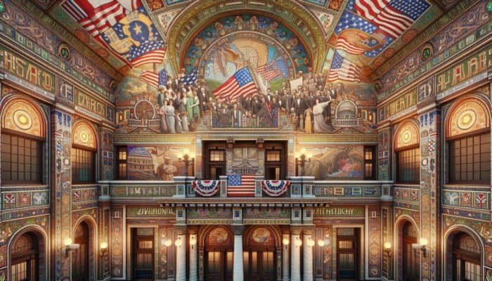 Victorian mosaic in public building, depicting local history and patriotism with intricate glass, stone, ceramic patterns.