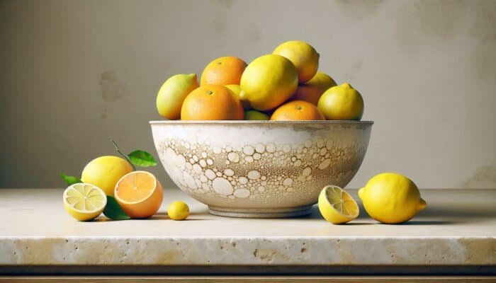 Lemons and oranges on travertine showing acid damage, contrasted with safe display in a bowl.