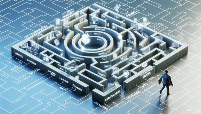 A person navigating a maze of financial paths, with highlighted safe routes symbolizing debt consolidation loans.
